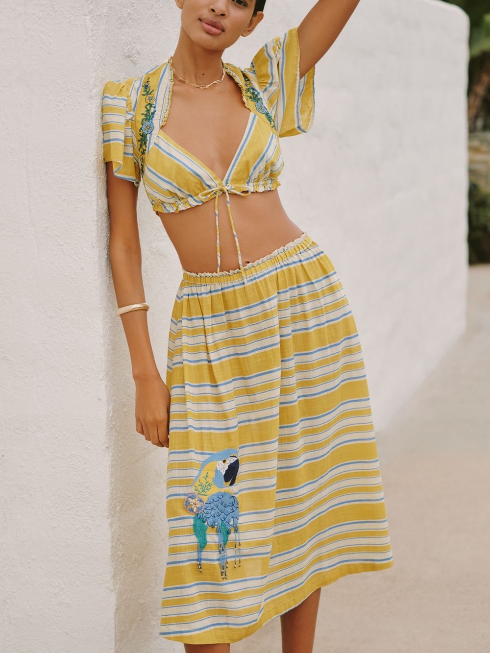 Anthropologie Celandine Copacabana Beaded & Embroidered Striped MIDI Skirt & Top